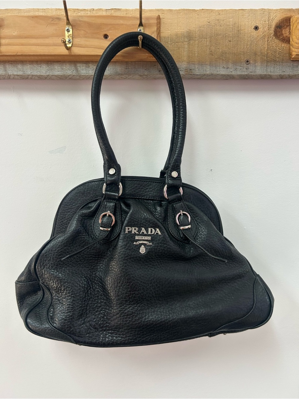 Prada Black Leather Shoulder Bag with Silver Hardware